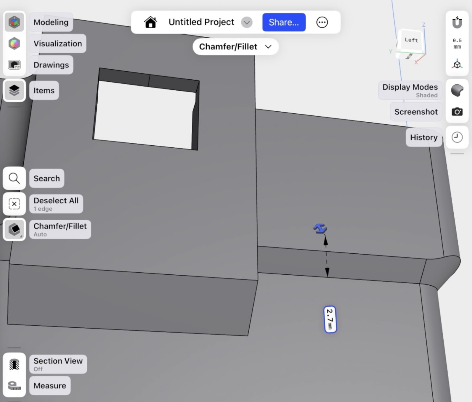 adding chamfer to 3d printed car part relay cover in shapr3d