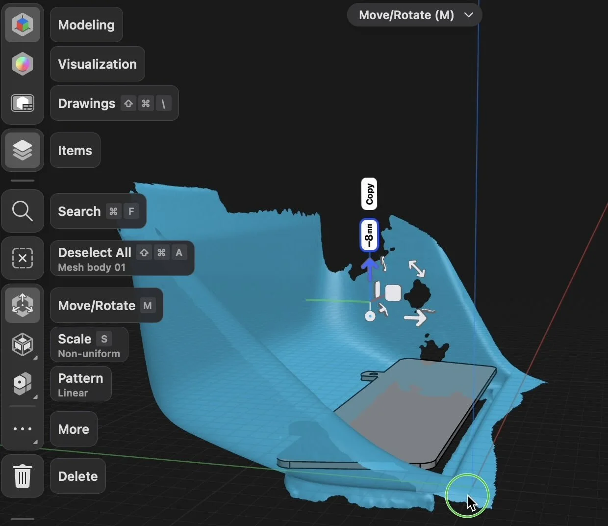 revopoint metro y pro scanned car part in CAD