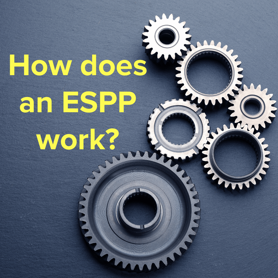 Title: "How does an ESPP work?" in yellow on the left. The background photo is of several interlocking gears on a gray background.