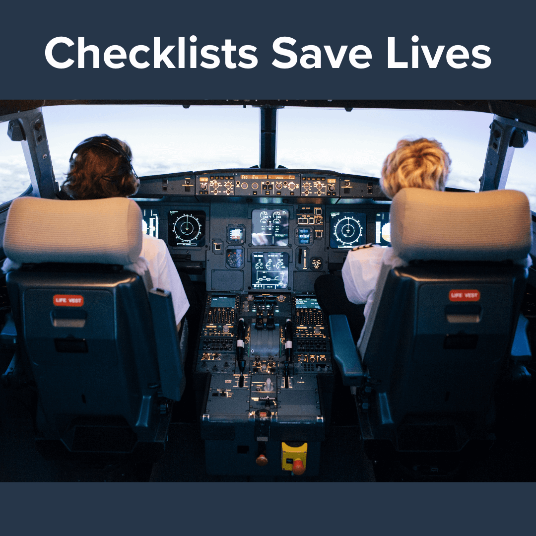 Title: Checklists Save Lives. Image of two female pilots in the cockpit of a large airplane flying on a sunny day.