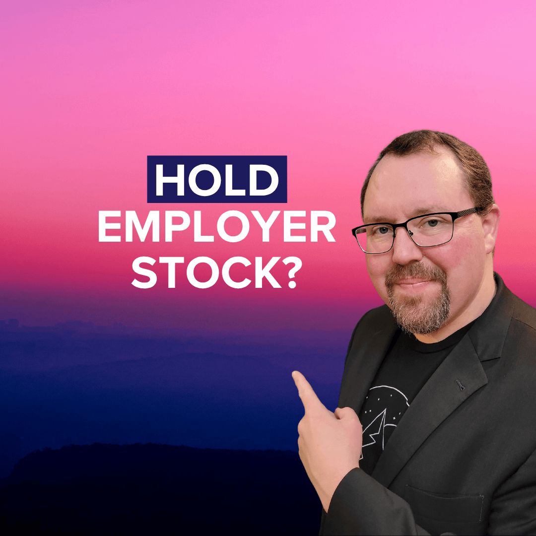 Title: "HOLD EMPLOYER STOCK?" in white on the left. HOLD is surrounded by a purple background. Kevin Estes in a suit and tee shirt points to the title. The photo background is of a mountaintop sunset.