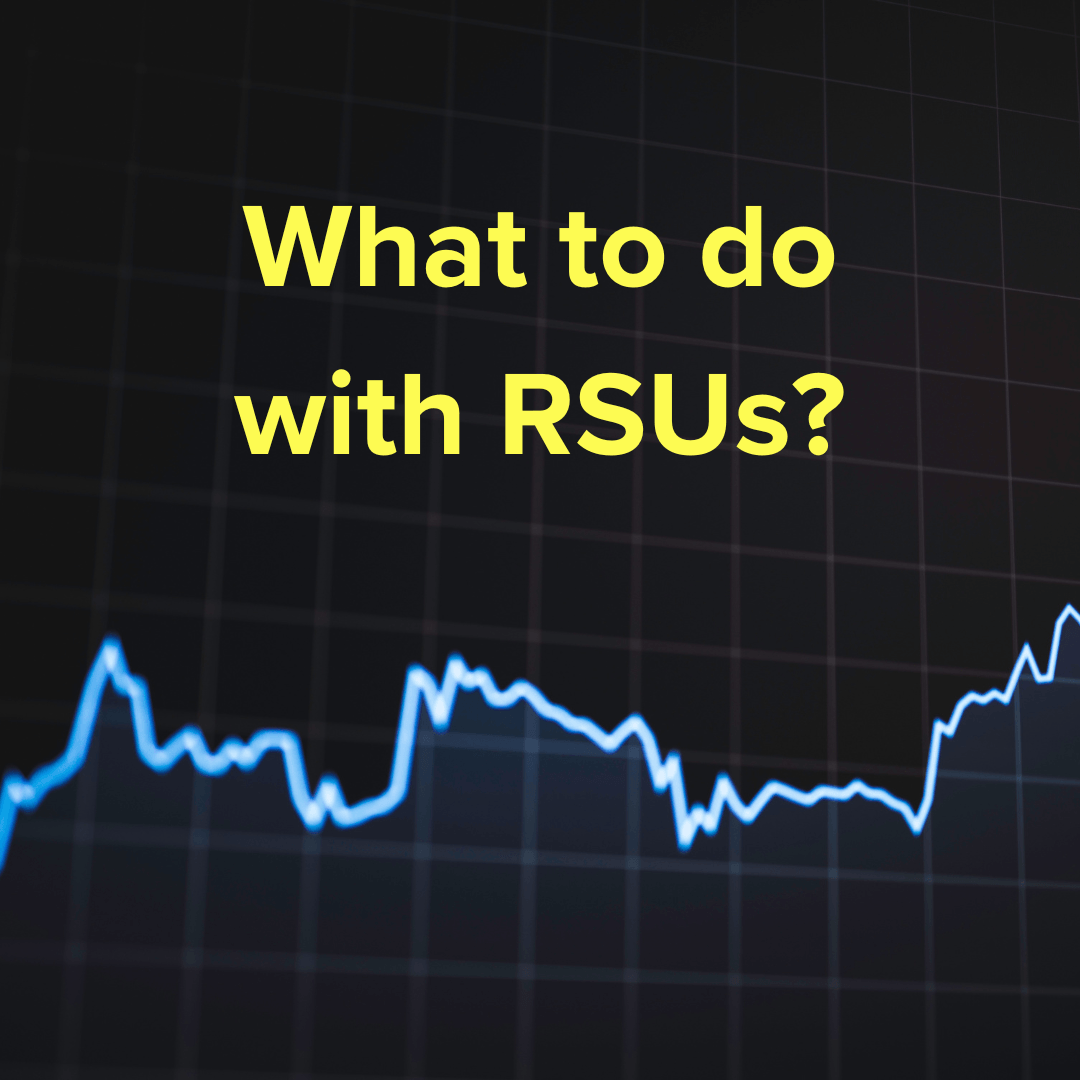 Title: "What to do with RSUs?" in yellow on top. It's a graph with a neon blue stock line below it. The background is a faint white grid on a black background.