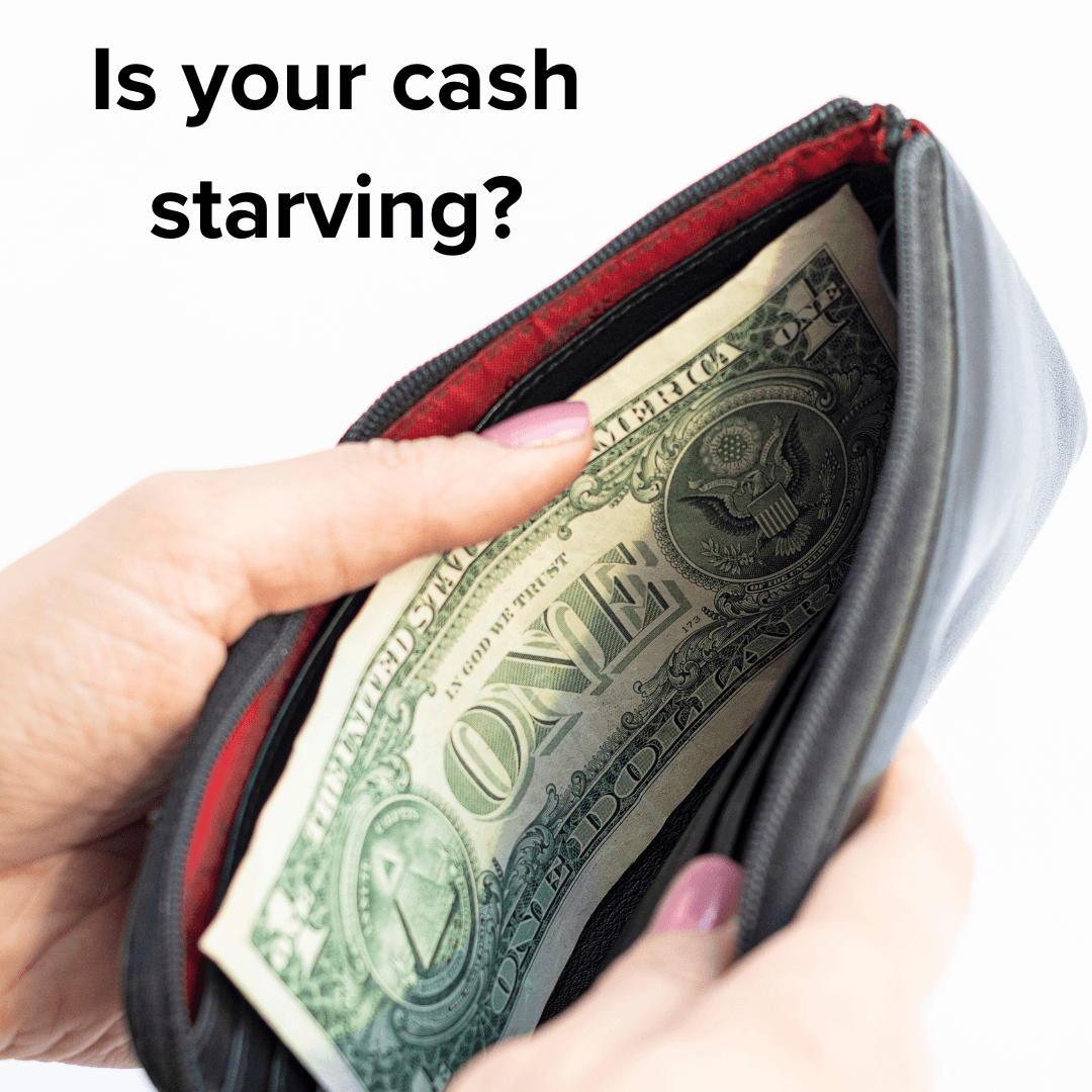 Title: "Is your cash starving?" in the upper-left. Someone holds a wallet open with a single dollar bill. The image background is white.