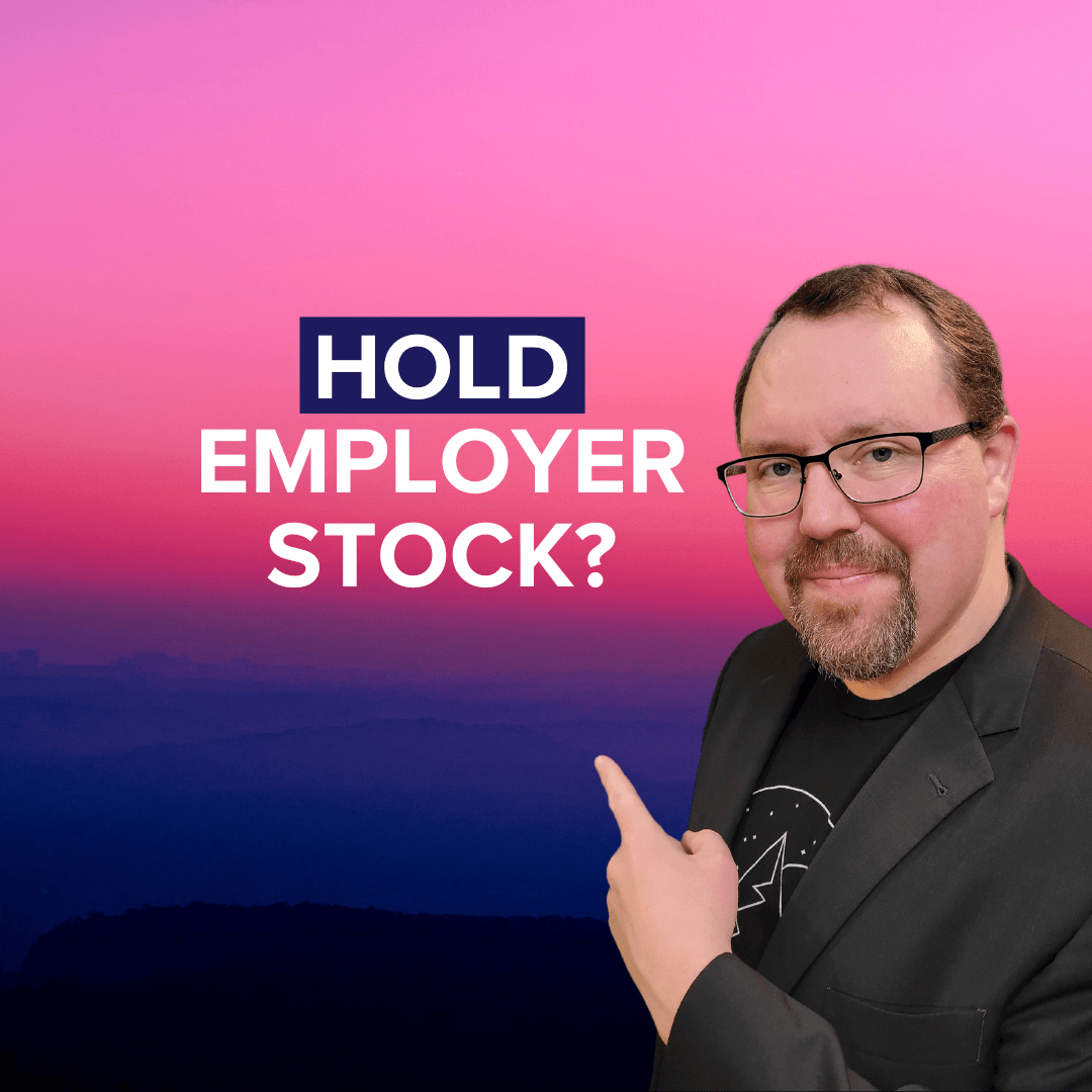 Title: "HOLD EMPLOYER STOCK?" in white. HOLD is surrounded by dark blue. The image of Kevin Estes wearing a suite top and a T-shirt smirking and pointing to the title. The background is on top of a mountain at sunset.