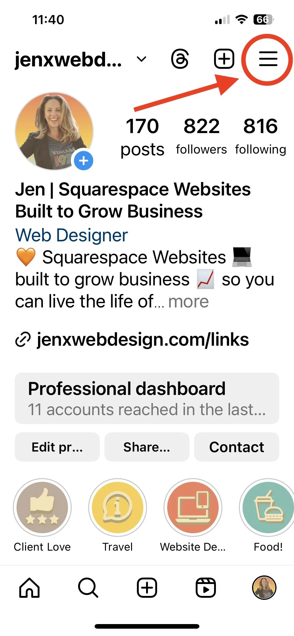 Select the hamburger from your Instagram profile page