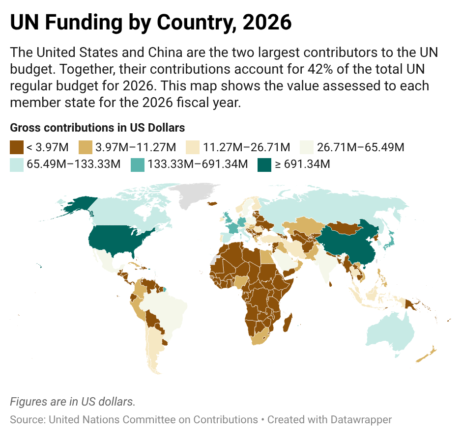 Choropleth map showing UN member's contributions to the annual regular budget for 2026.