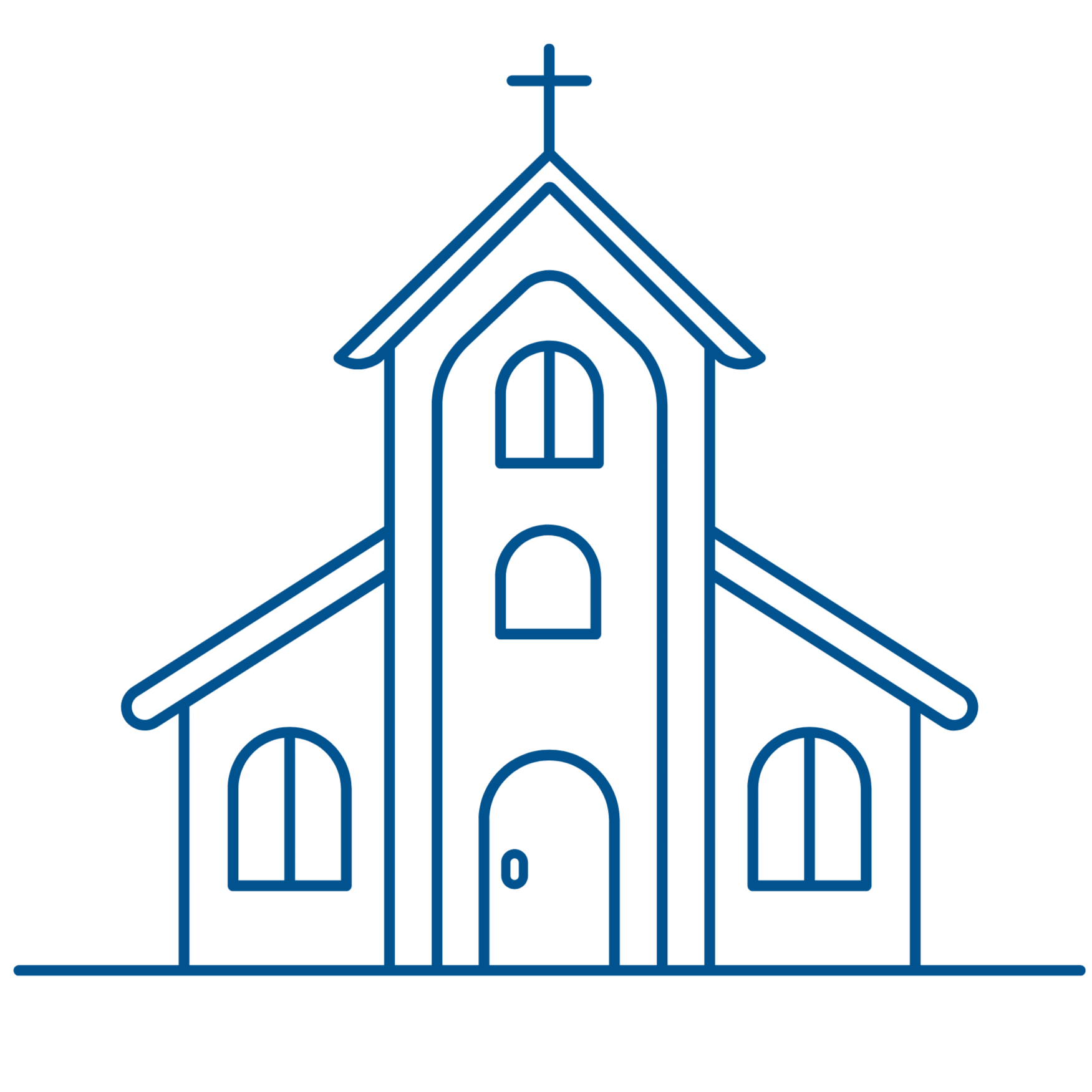 Outline of a church building with a steeple and cross on top, drawn in blue lines.