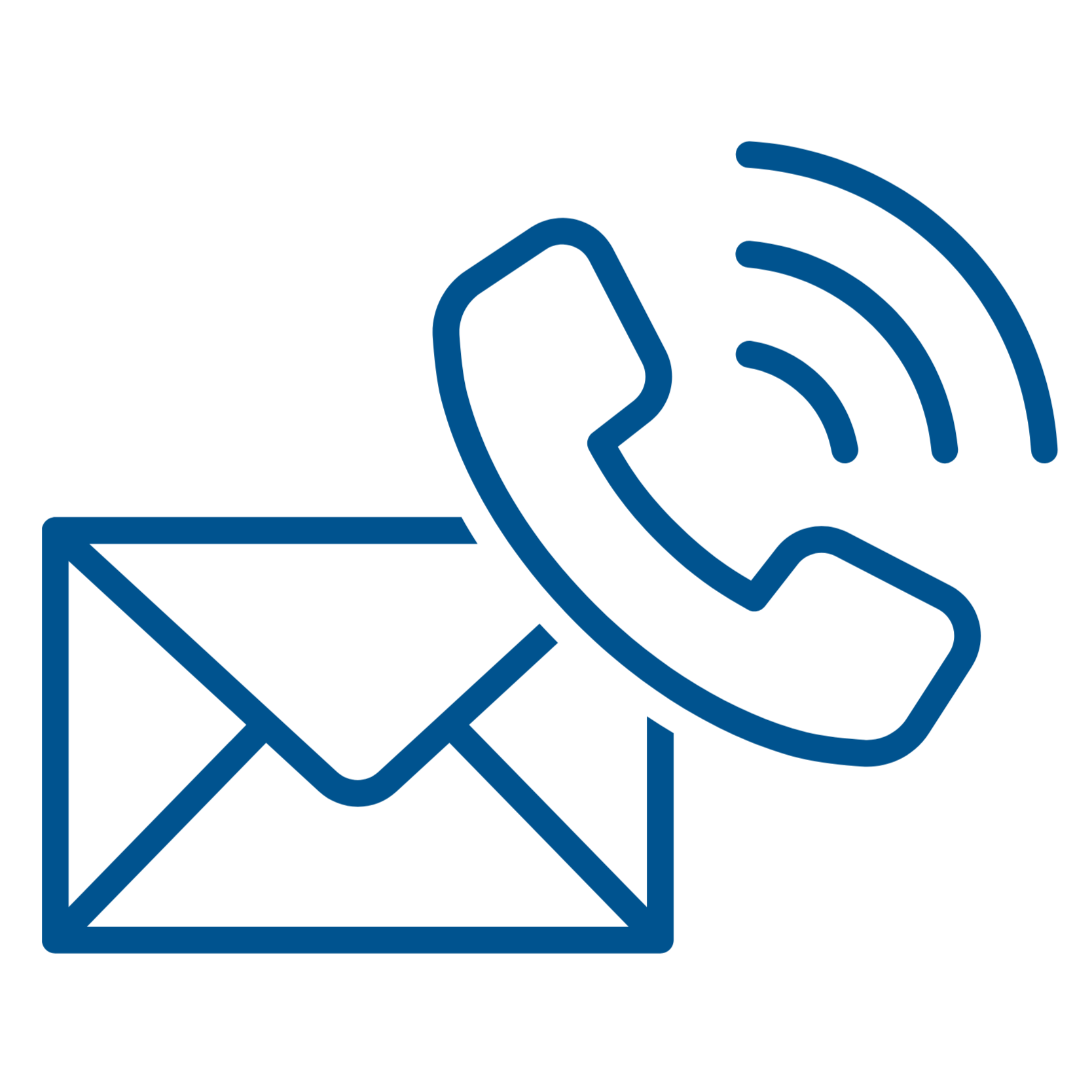 Icon of a telephone, an email envelope, and a Wi-Fi signal, representing communication.
