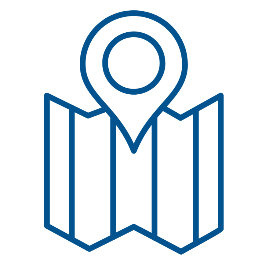 Outline graphic of a map with a location pin on top.