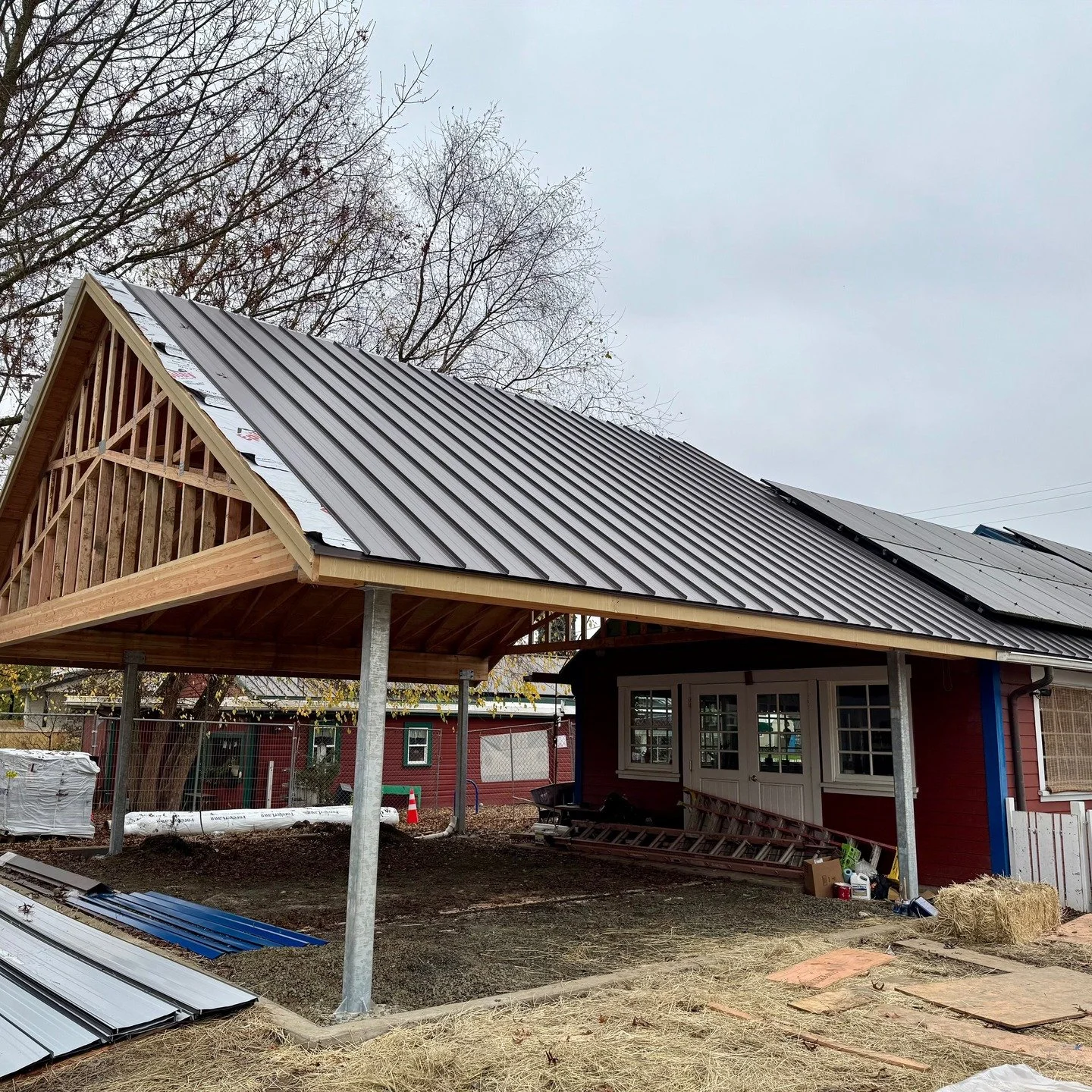 Roof nearly done on the outdoor shelter for @sundborn. These interesting &amp; challenging projects are what we live for! If you need a remodel, addition, or new build give us a call! #montessori #pavilion #patio #construction