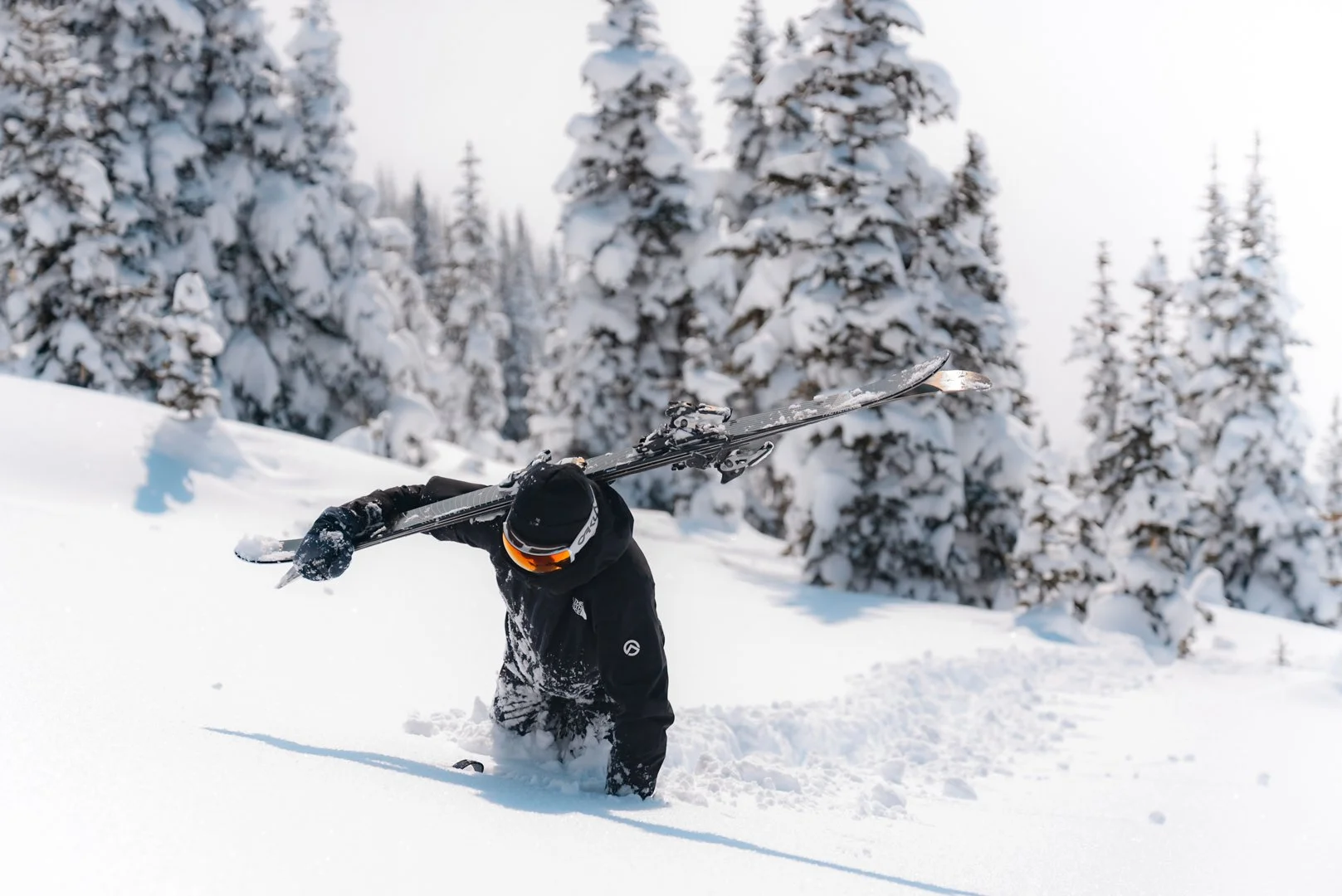 A person dressed in winter gear falling or crashing while skiing in a snowy landscape with snow-covered trees in the background.