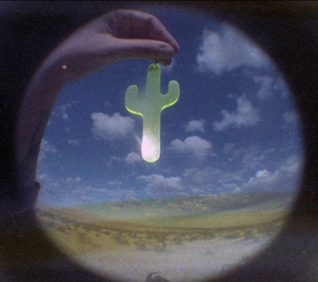 sky and cactus plexiglass earring on 110 film camera