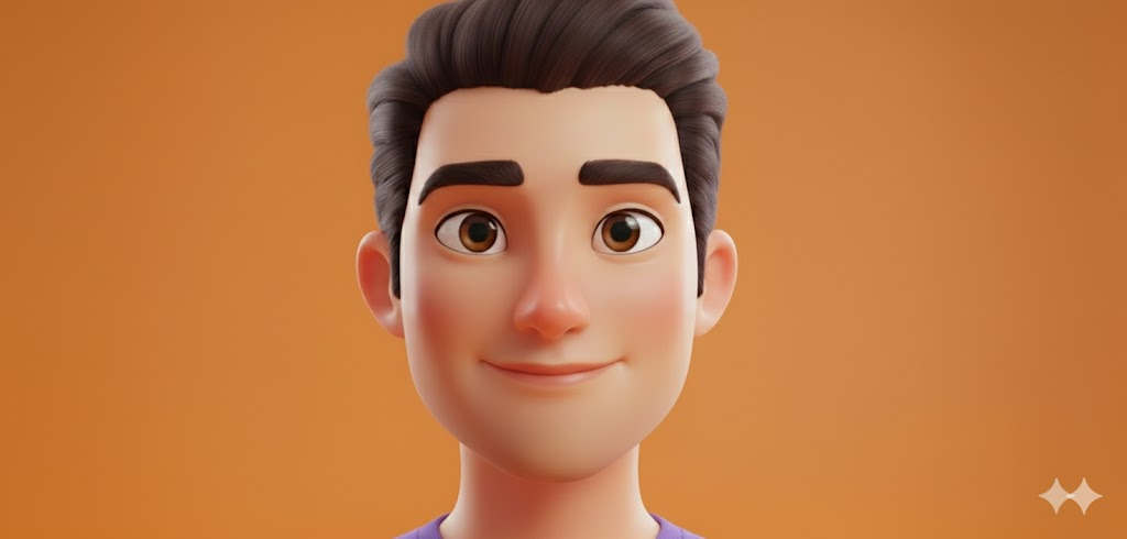 Animated male character with brown hair, brown eyes, and a slight smile against an orange background.