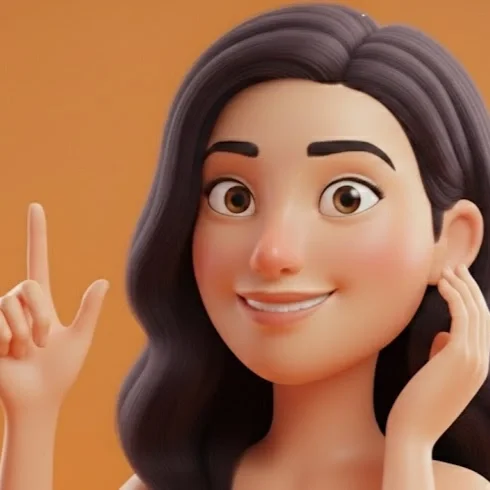 Animated woman with long dark hair, smiling, with one hand near her face and the other pointing upward, against a brown background.