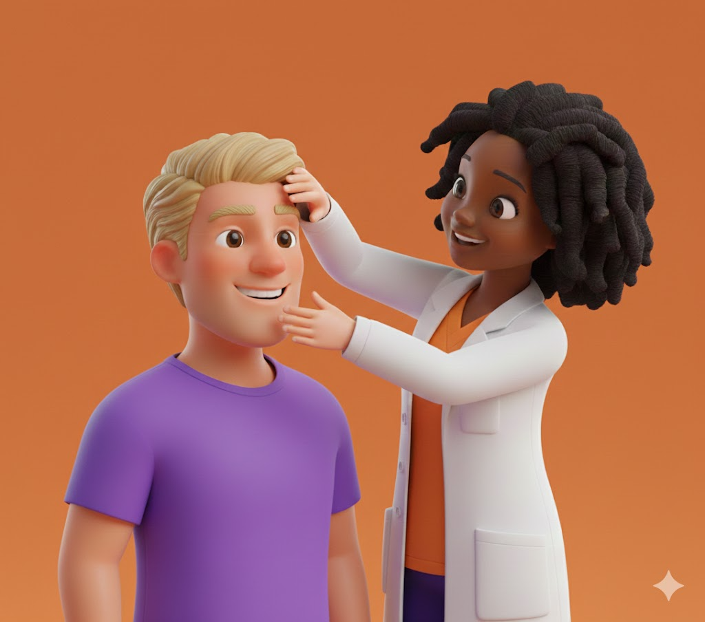 A female doctor with curly black hair examines a smiling male patient with blond hair against an orange background.