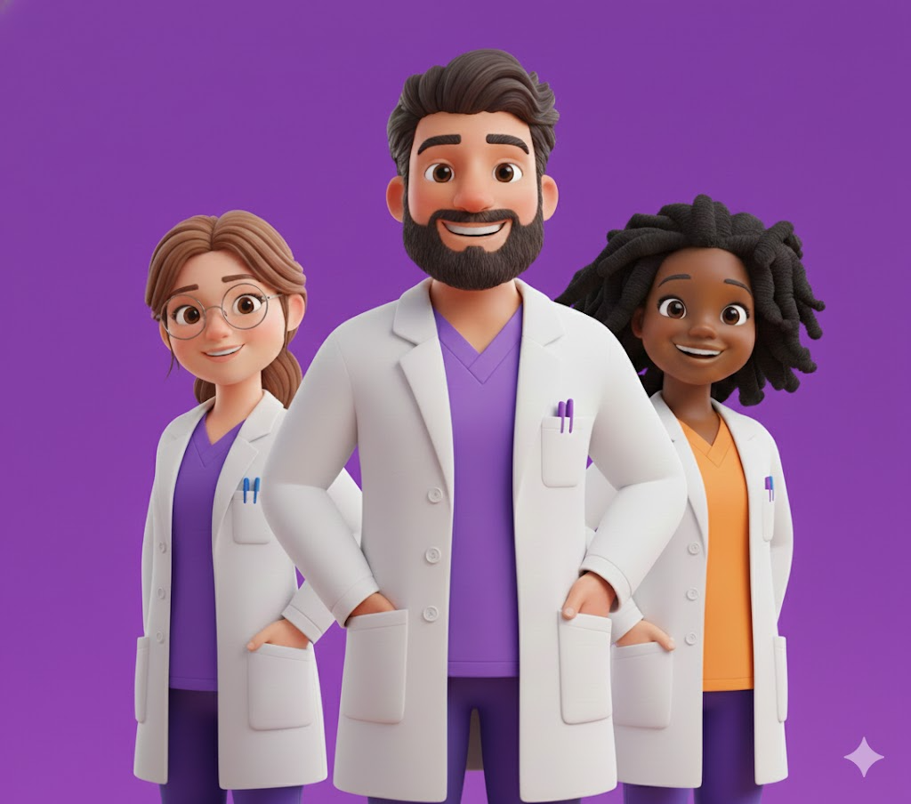 Three animated doctors, two women and one man, smiling and standing against a purple background. They are wearing white lab coats with purple and orange scrubs underneath.