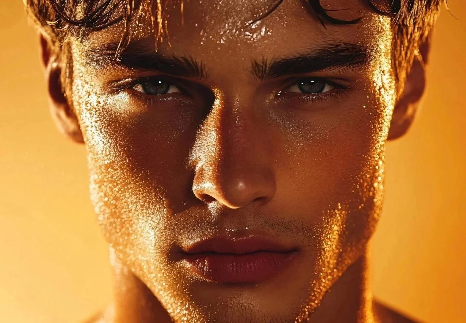 A close-up portrait of a young man with blue eyes and wet skin, illuminated by warm golden light against a matching yellow background.