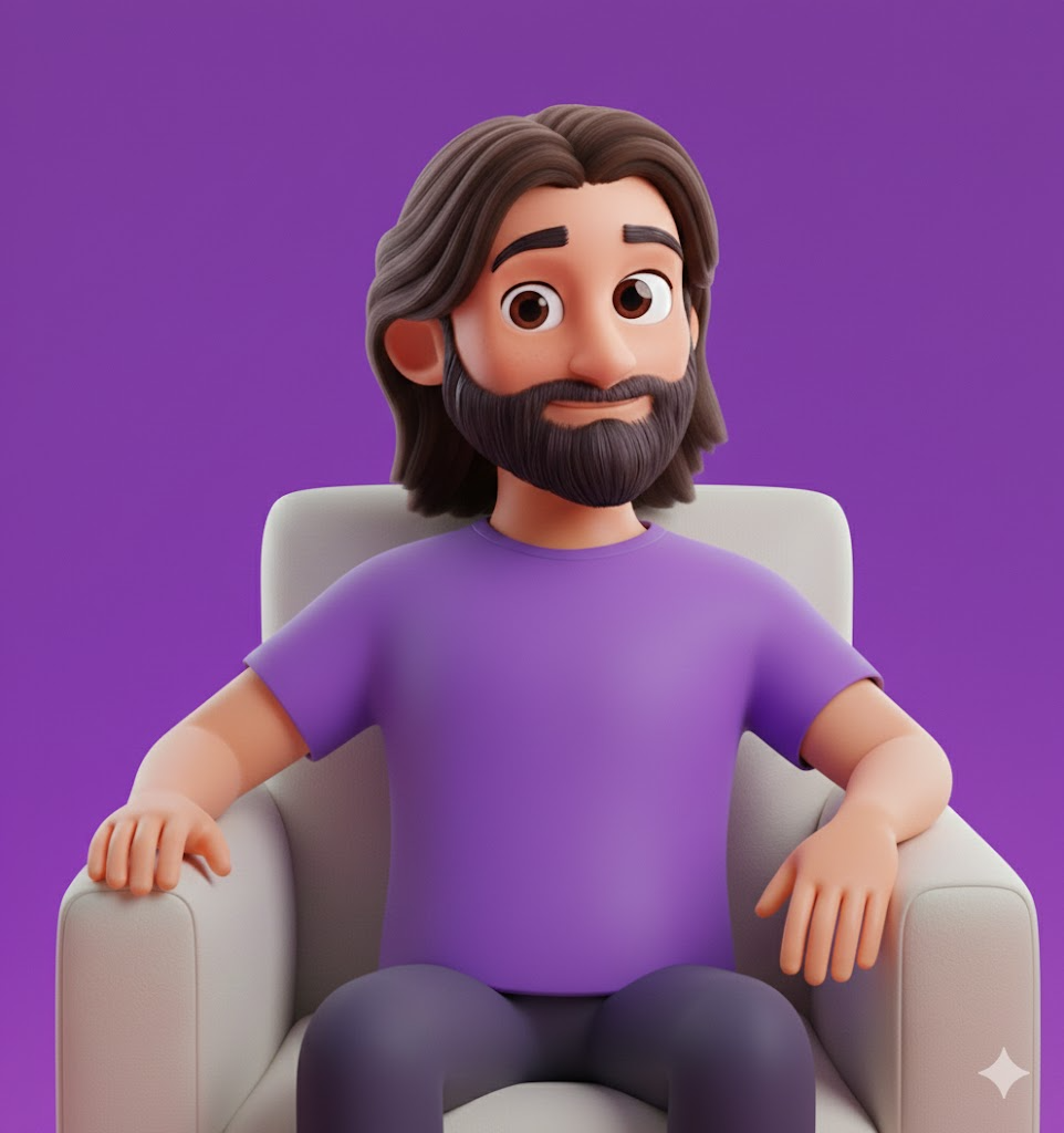 3D animated man with shoulder-length brown hair and beard sitting in a white armchair against a purple background.