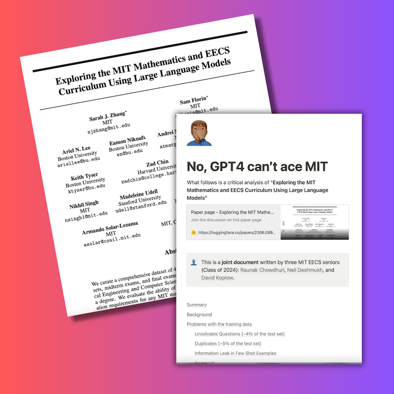Latest overblown AI claim: GPT-4 achieves a perfect score on questions representing the entire MIT Math, EE, and CS curriculum