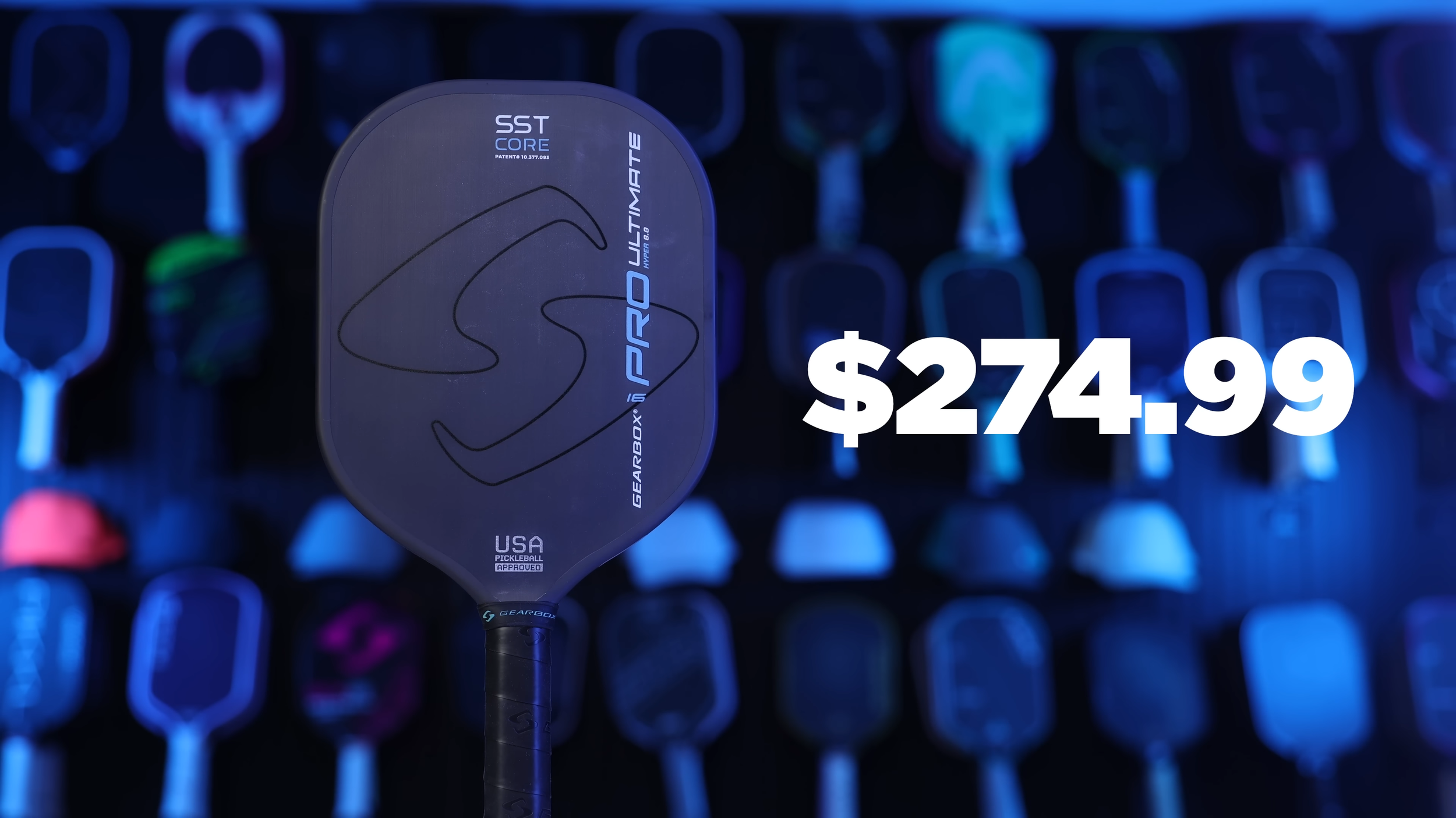 Gearbox Pro Ultimate Hyper pickleball paddle displayed at $274.99 price point with paddle wall in background