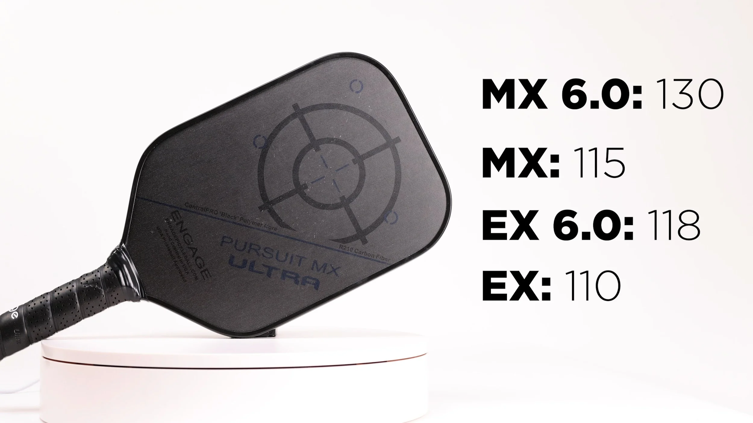 Engage Pursuit Ultra pickleball paddle with swing weight comparison for MX 6.0, MX, EX 6.0, and EX models