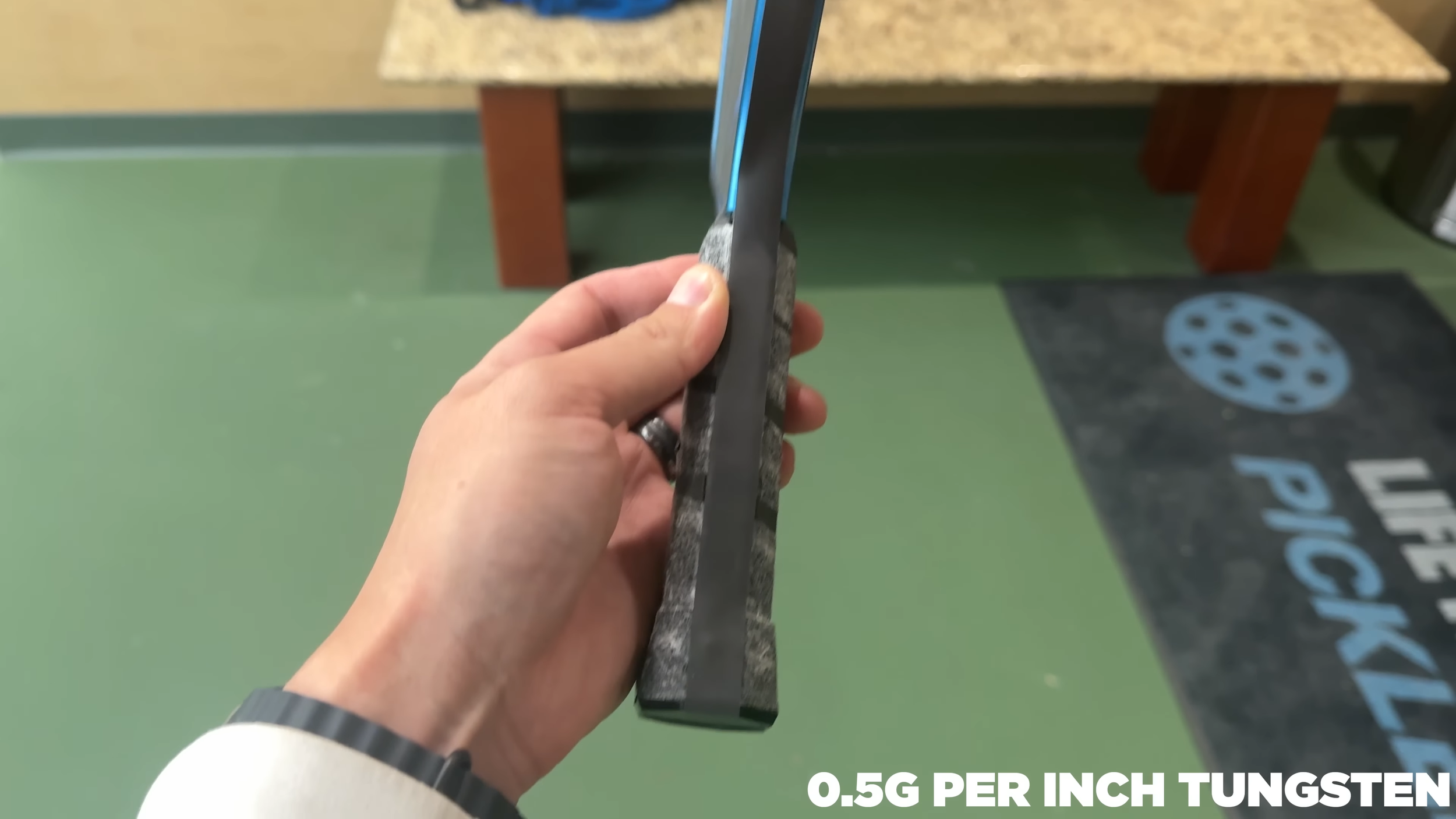 Franklin C45 pickleball paddle edge with 0.5g per inch tungsten tape weight setup