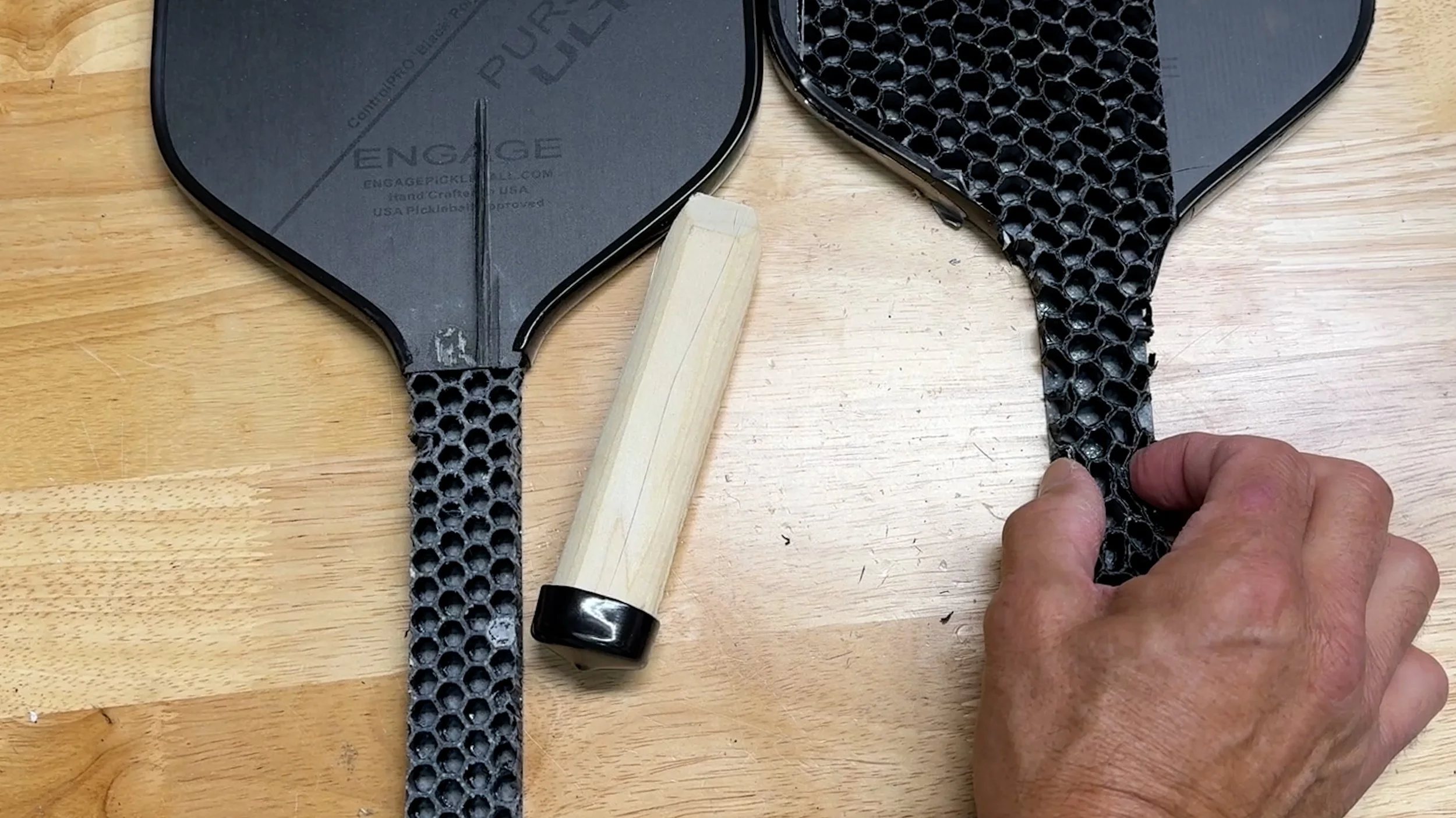 Engage Pursuit Ultra and Pursuit Pro pickleball paddles deconstructed showing honeycomb polymer core