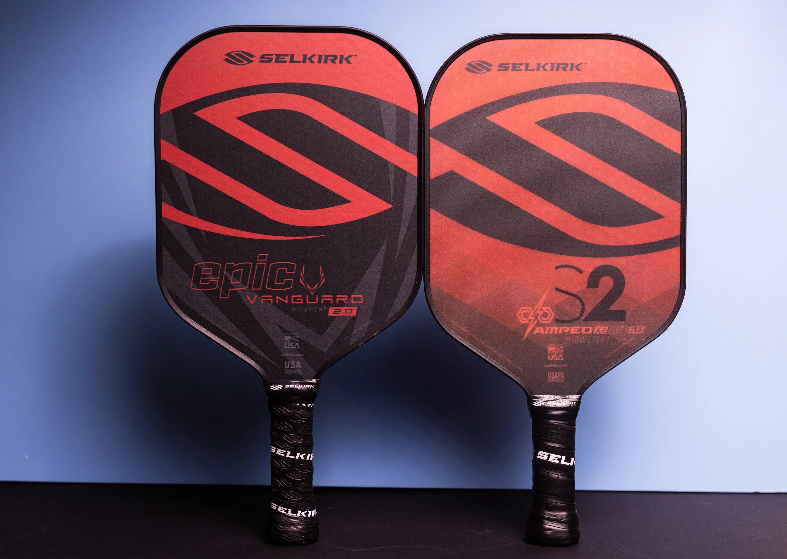 Selkirk Vanguard 2.0 Epic and Amped S2 pickleball paddles side by side Selkirk Vanguard 2.0 Epic and Amped S2 pickleball paddles side by side