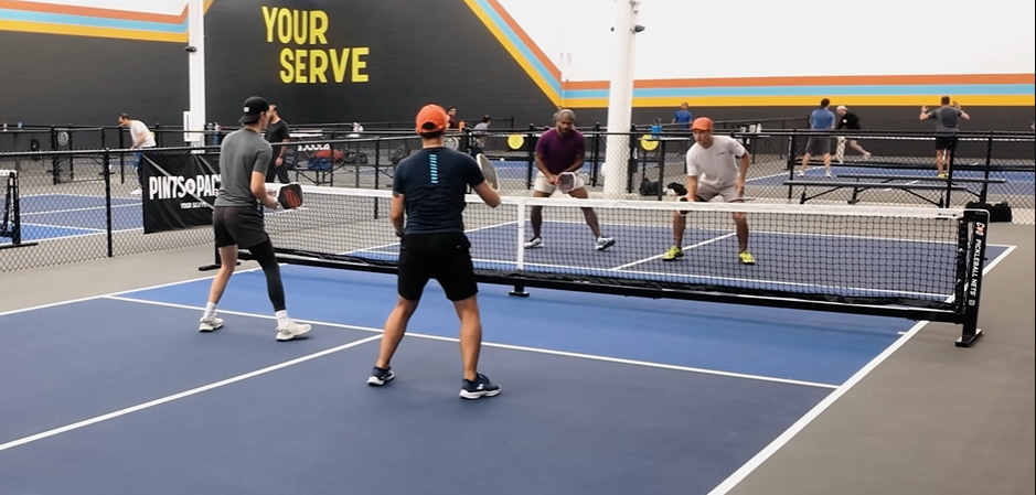 Players testing the Bread & Butter Loco pickleball paddle during on-court play at an indoor facility