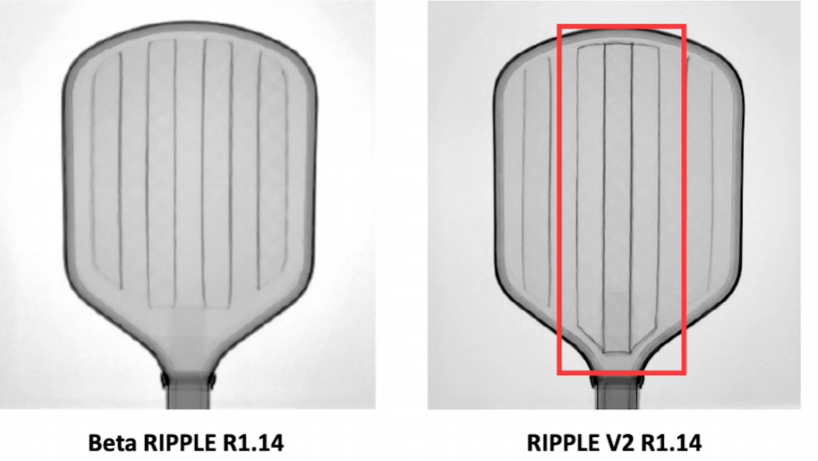 Ronbus Ripple beta and Ripple V2 pickleball paddle X-ray construction comparison showing internal core changes