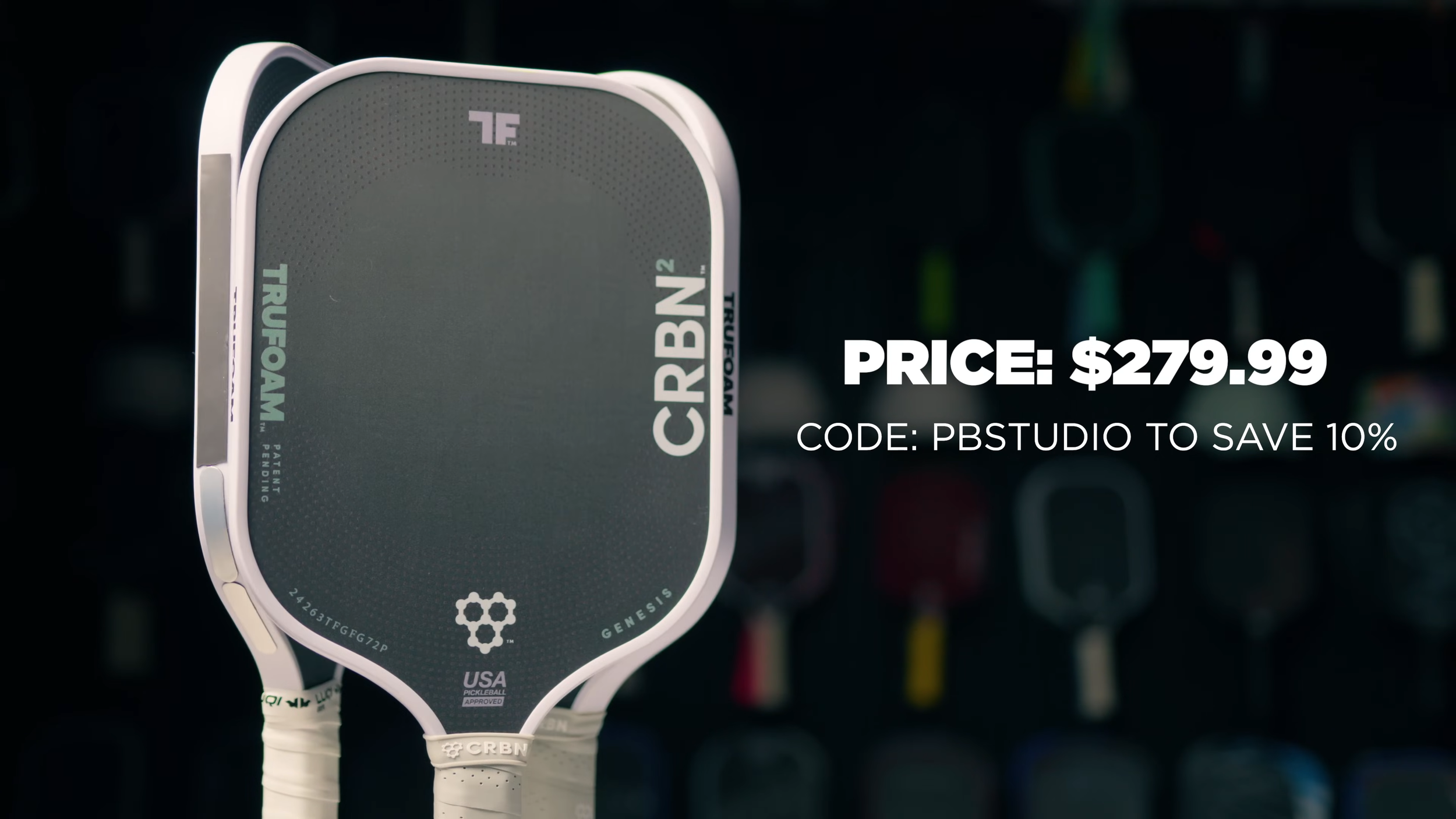 CRBN TruFoam Genesis pickleball paddles with $279.99 price and PBSTUDIO discount code for 10% off