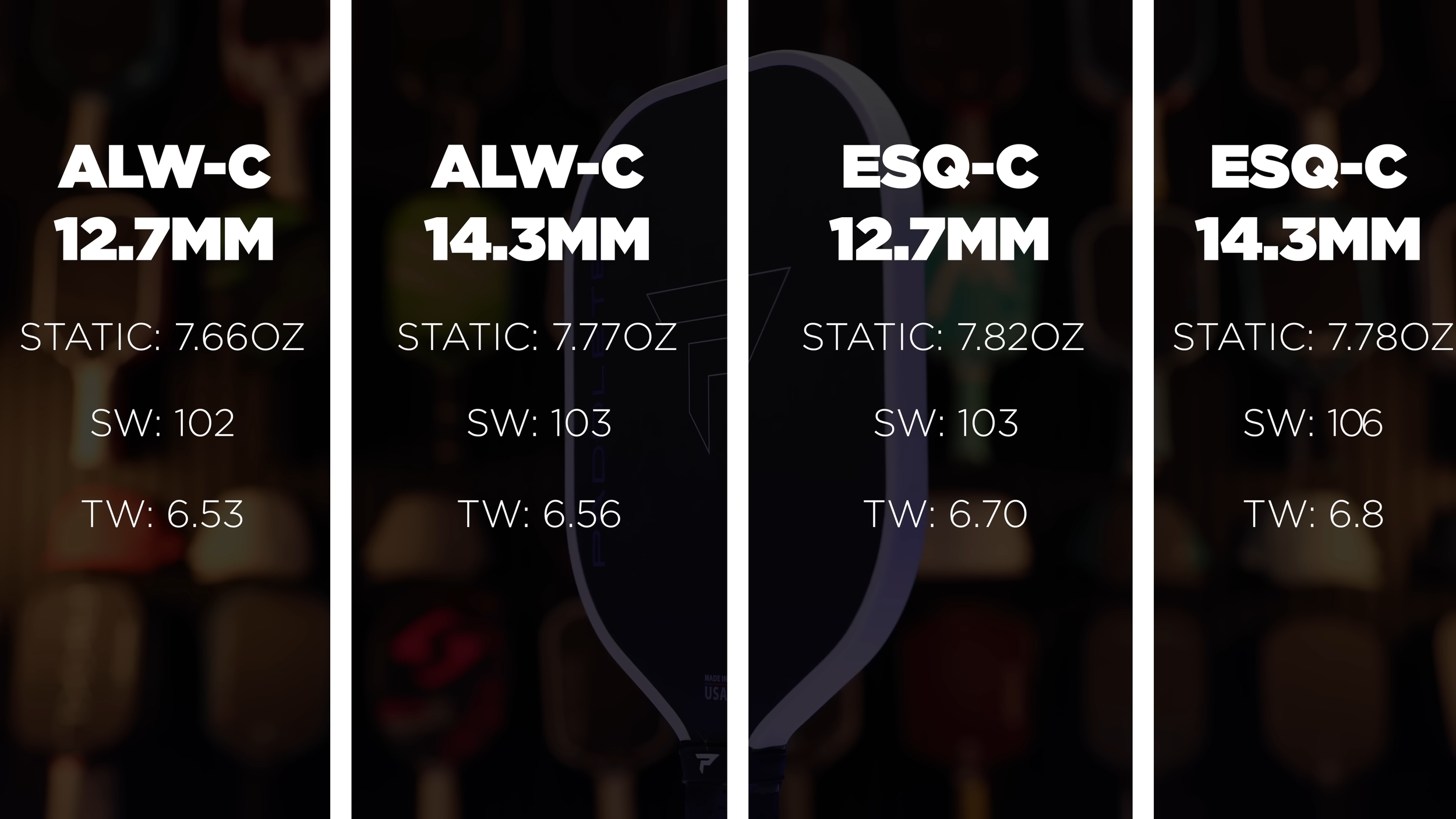 PaddleTek Bantam ALW-C and ESQ-C pickleball paddle specs comparison showing weight swing weight and twist weight across 12.7mm and 14.3mm cores