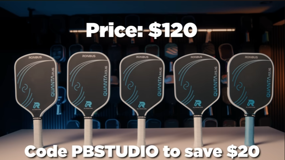 Five Ronbus Quanta pickleball paddles with price of $120 and discount code PBSTUDIO to save $20