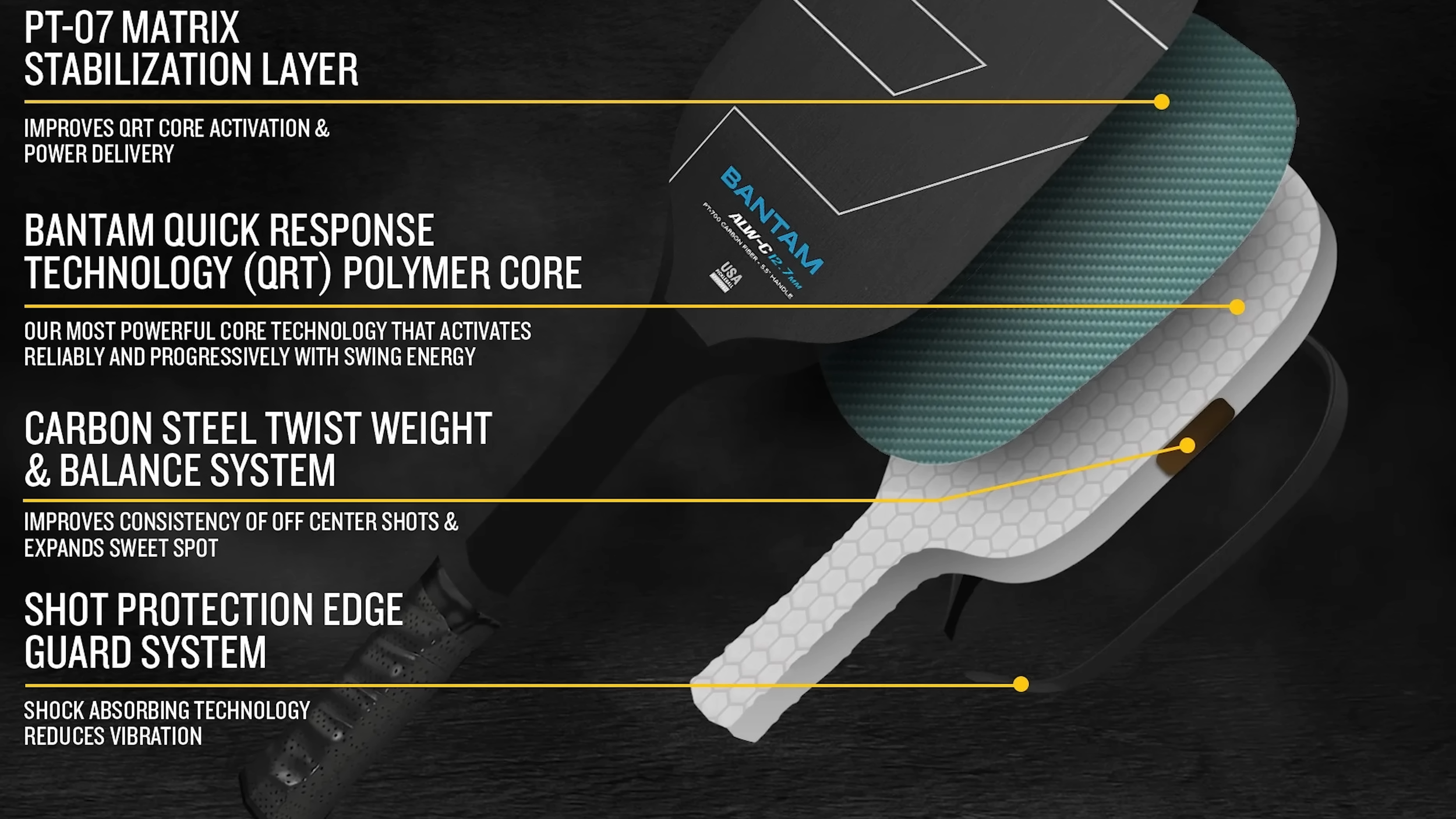 PaddleTek Bantam ALW-C pickleball paddle technology diagram showing PT-07 matrix layer QRT core and carbon steel twist weight system
