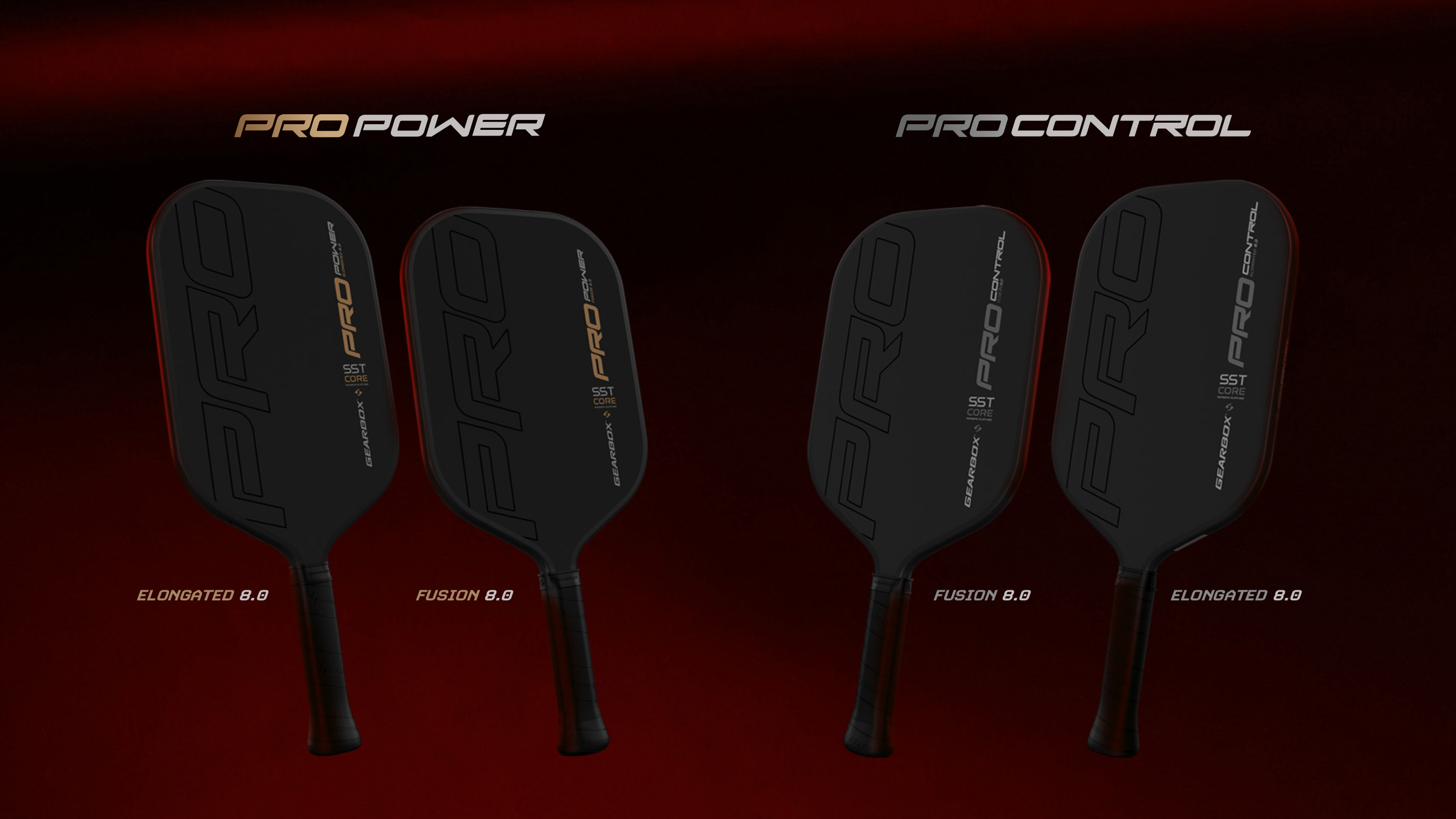 Full Gearbox Pro Line lineup showing Pro Power and Pro Control in Elongated 8.0 and Fusion 8.0 shapes