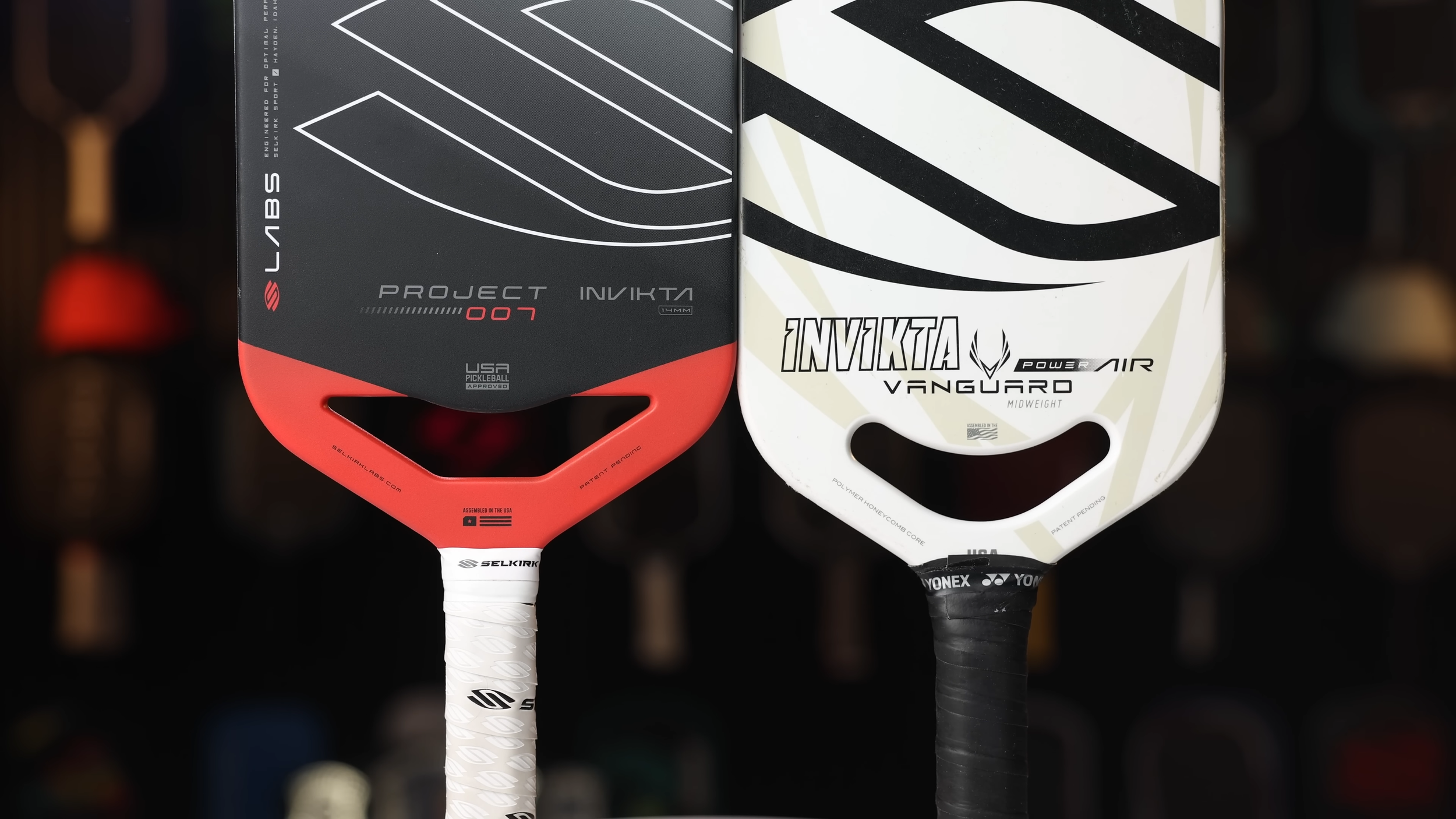 Selkirk Labs Project 007 Invikta compared side by side with Selkirk Vanguard Invikta Air pickleball paddle