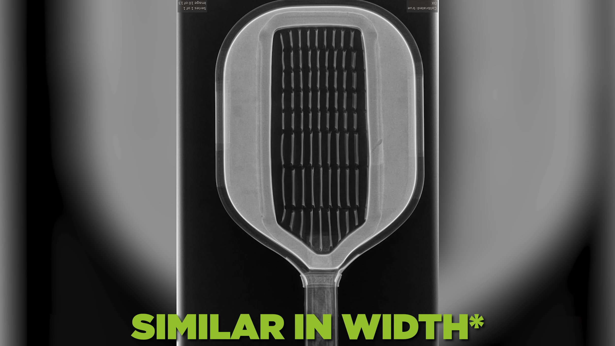 X-ray style view of a pickleball paddle core showing internal honeycomb structure and similar width notation