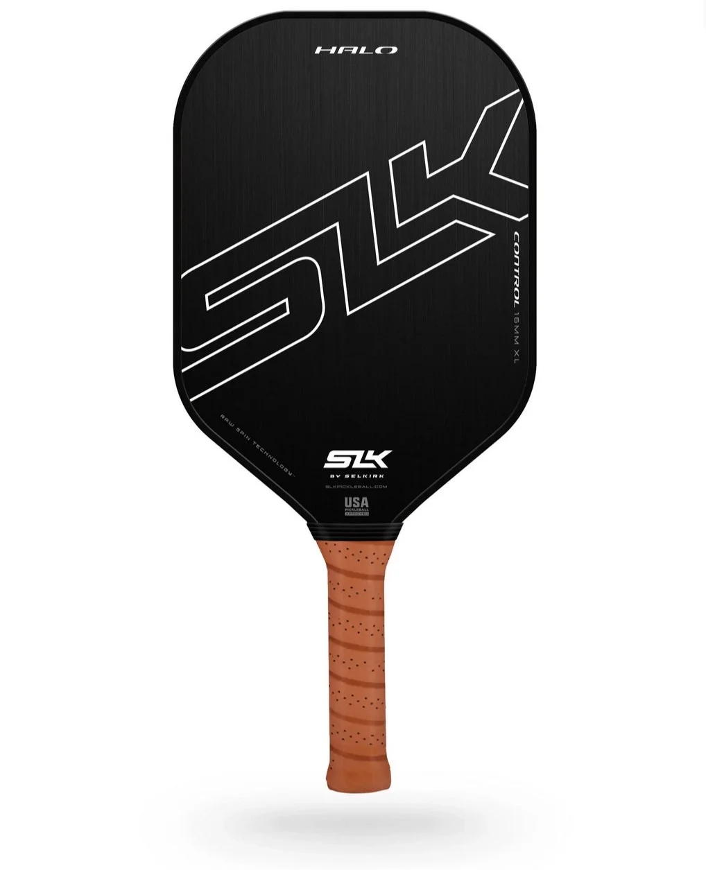 SLK Halo Control XL 16mm pickleball paddle front view showing black carbon fiber face and orange grip