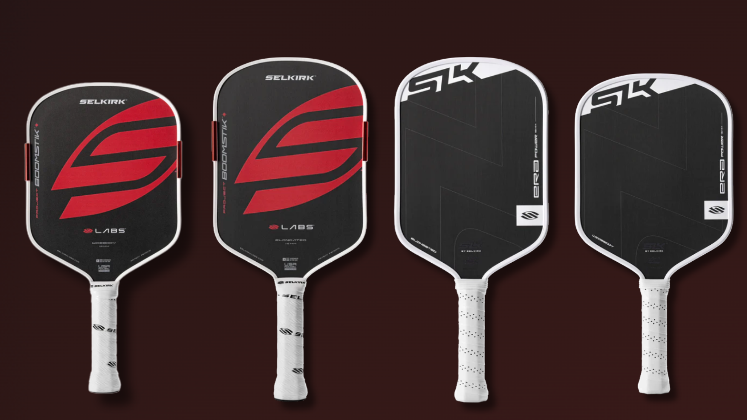 Selkirk Boomstik vs SLK Era pickleball paddles side by side in widebody and elongated shapes