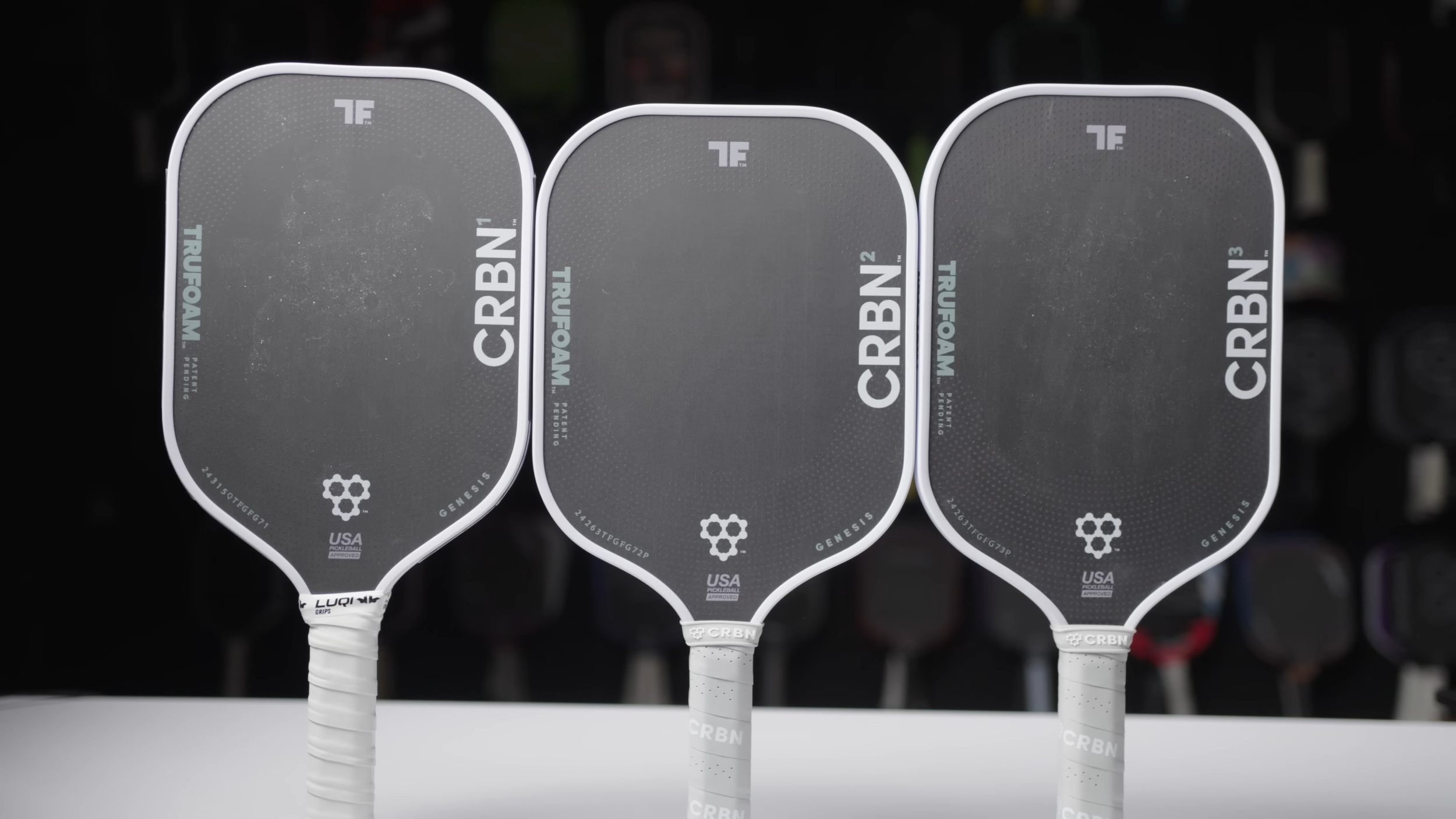 CRBN TruFoam Genesis pickleball paddles in three shapes displayed side by side with white frames