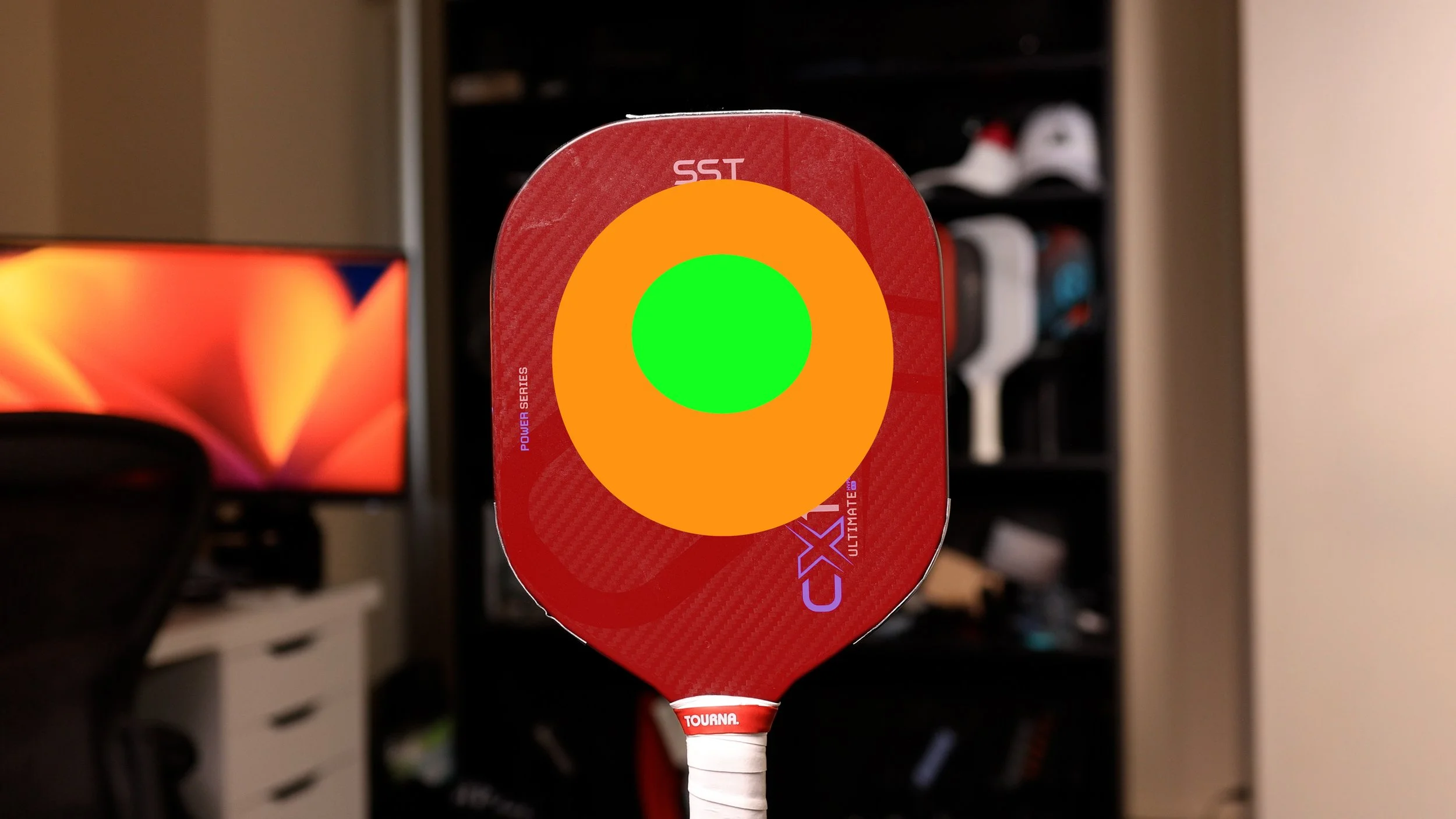 Gearbox CX14 Ultimate Power (hybrid shape) pickleball paddle sweet spot heat map with green, orange, and red zones
