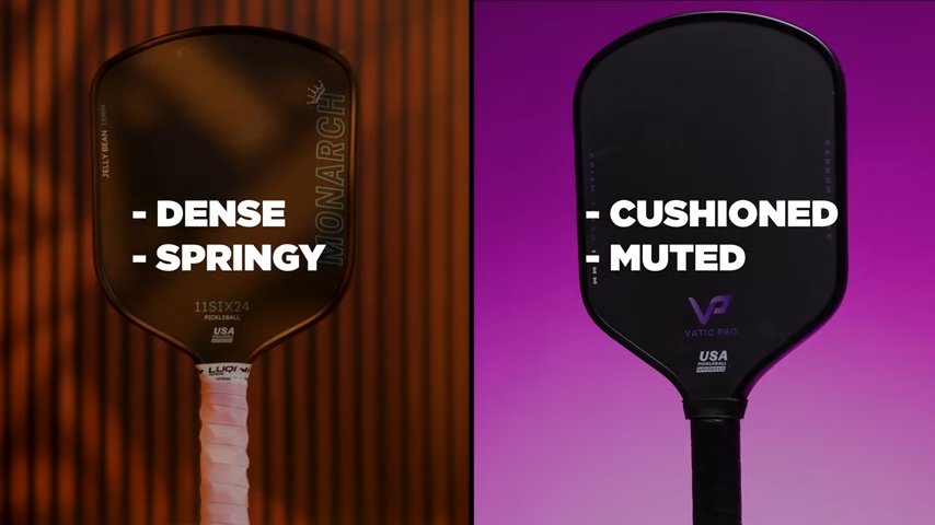 Side-by-side comparison of 11SIX24 Jelly Bean and Vatic Pro Prism Flash pickleball paddles showing dense springy vs cushioned muted feel