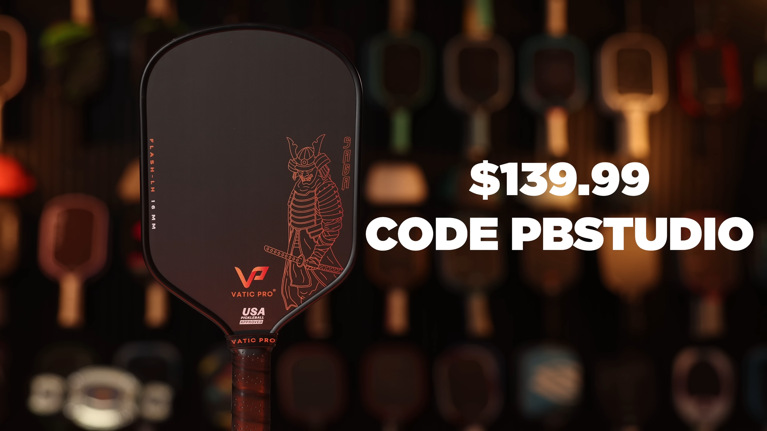 Vatic Pro Saga pickleball paddle with samurai design and discount code PBSTUDIO for $139.99