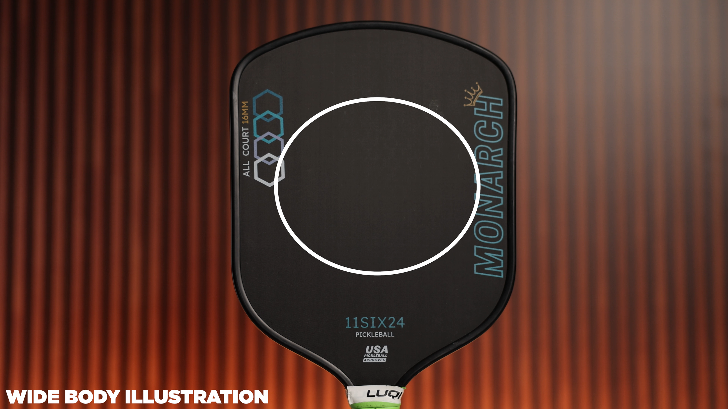 11SIX24 Monarch All Court pickleball paddle with wide body sweet spot illustration showing large hitting area