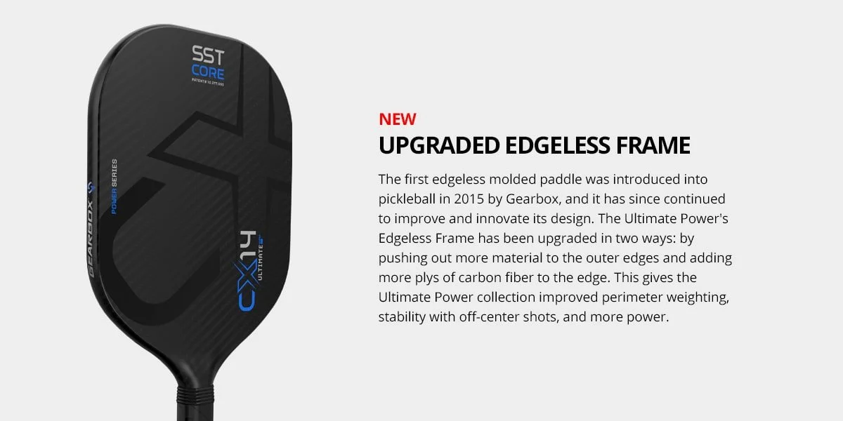 Gearbox upgraded edgeless frame technology graphic for the CX14 Ultimate pickleball paddle
