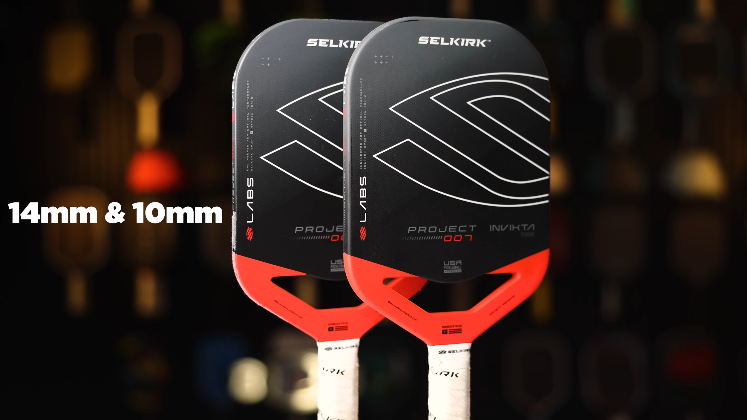 Two Selkirk Labs Project 007 Invikta pickleball paddles in 14mm and 10mm core thicknesses