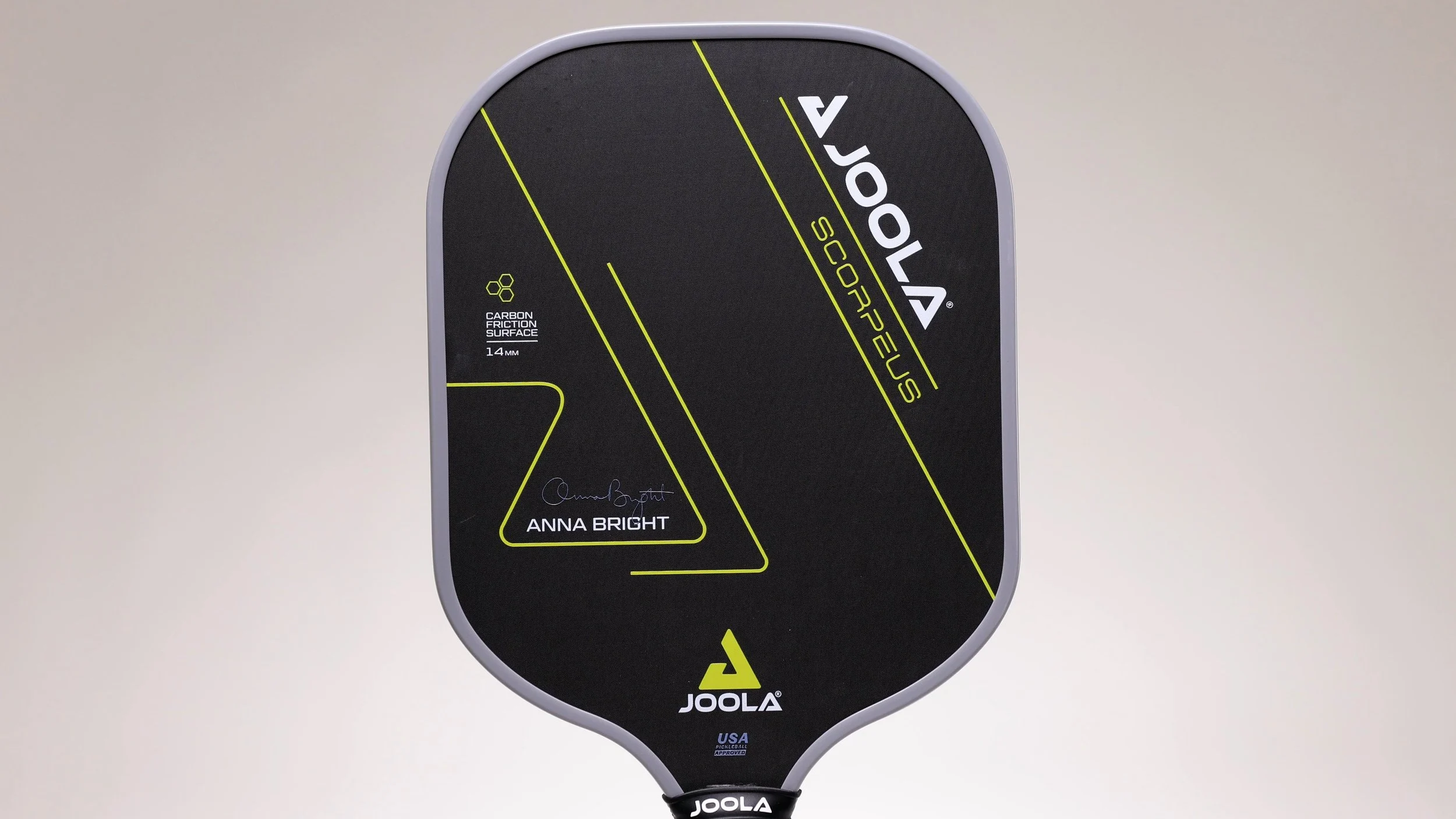 Joola Scorpeus Anna Bright pickleball paddle full face view with 14mm carbon friction surface