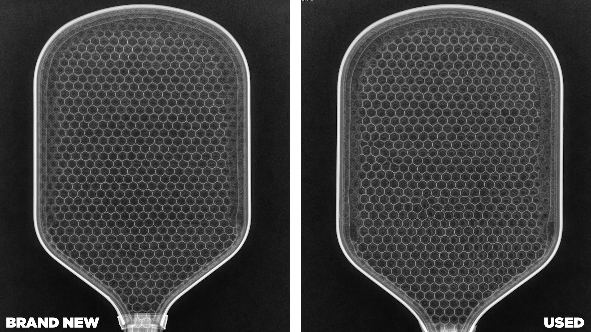 X-ray comparison of brand new versus used Franklin C45 pickleball paddle showing honeycomb core degradation