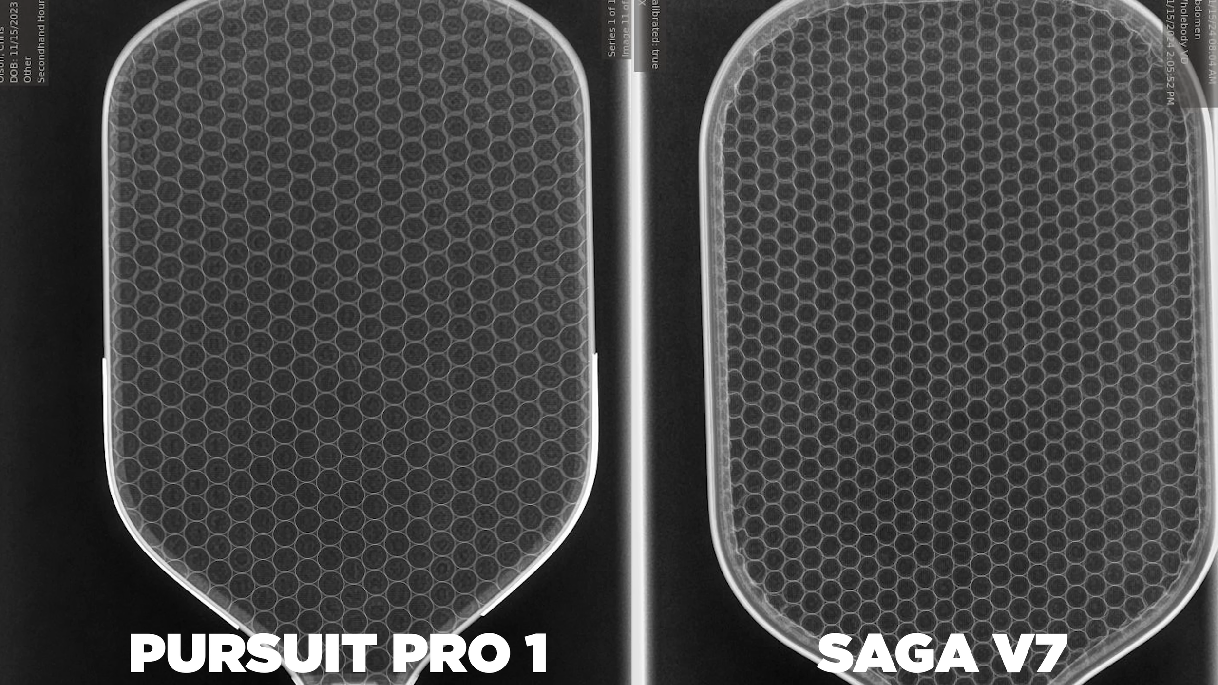 X-ray comparison of Pursuit Pro 1 and Vatic Pro Saga V7 pickleball paddle internal honeycomb cores