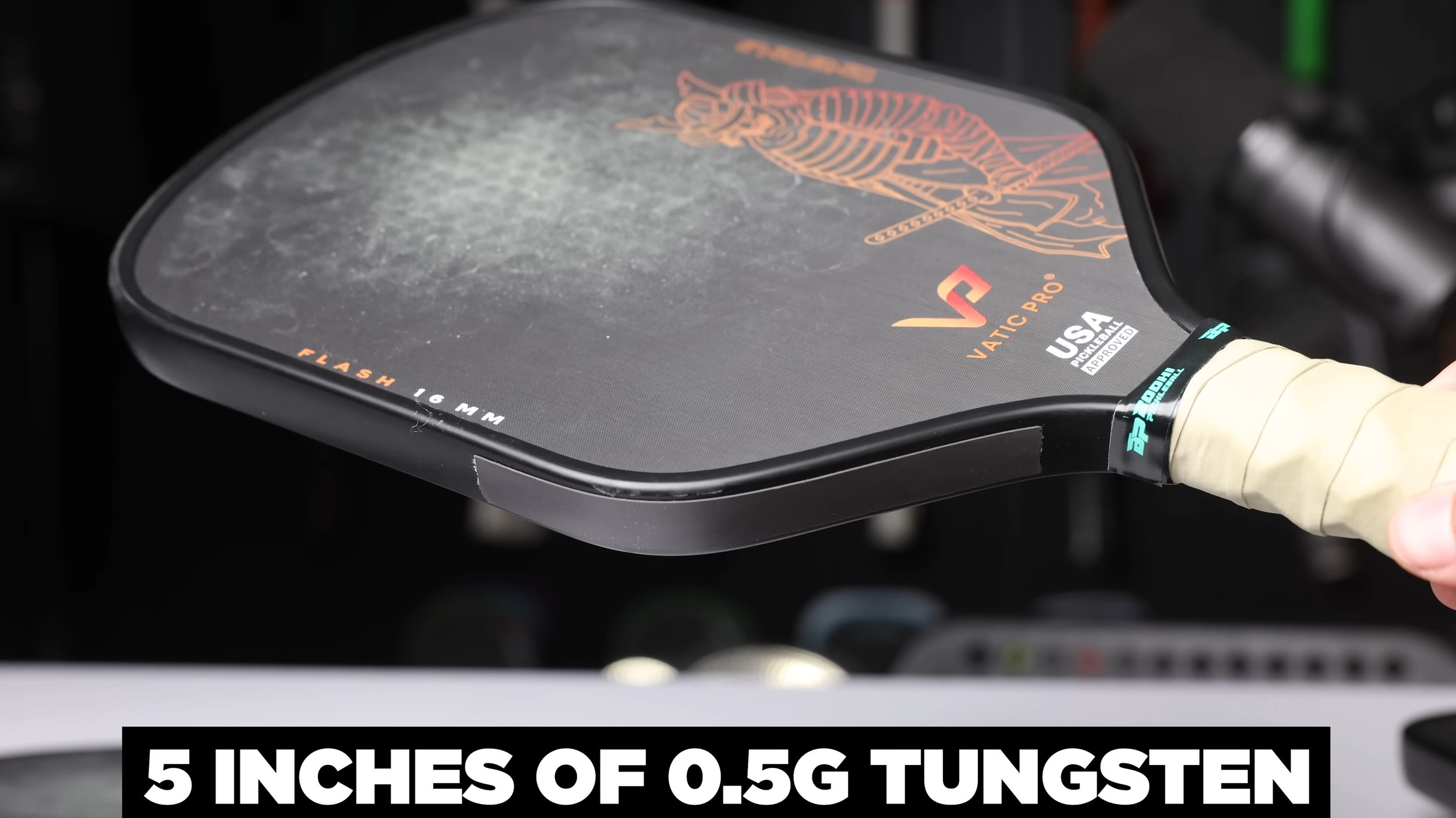 Vatic Pro Saga pickleball paddle setup with 5 inches of 0.5g tungsten tape applied to edge